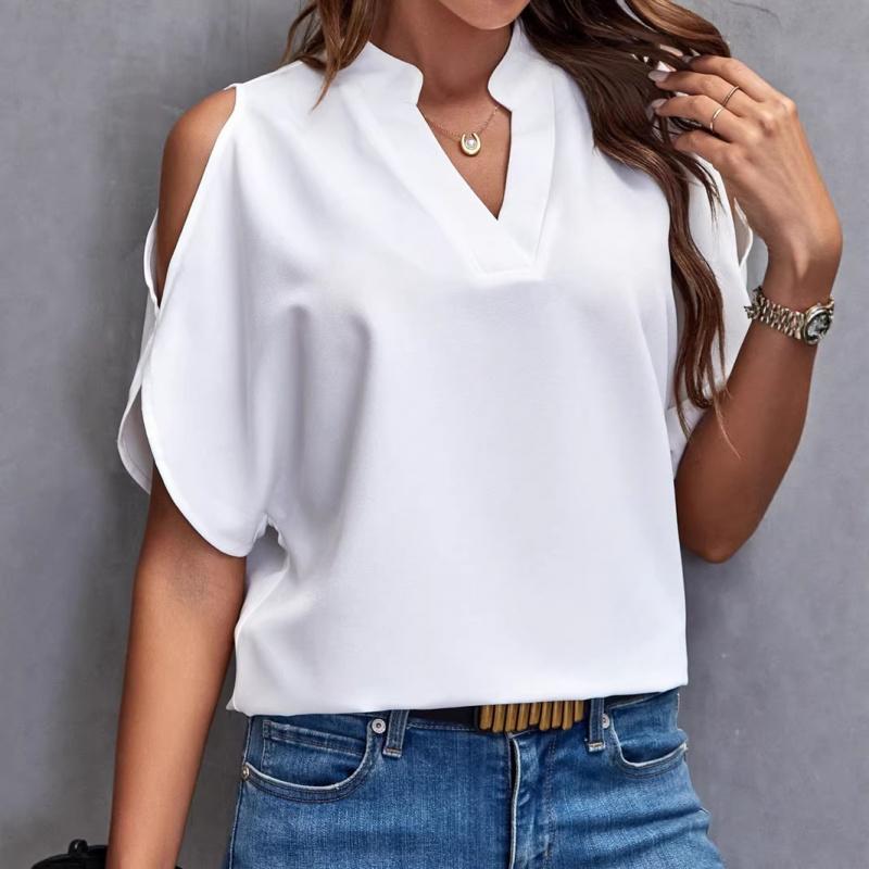 2026 Summer New V-neck Elegant Short-sleeve Fashionable Off-shoulder Women's Solid Color Top