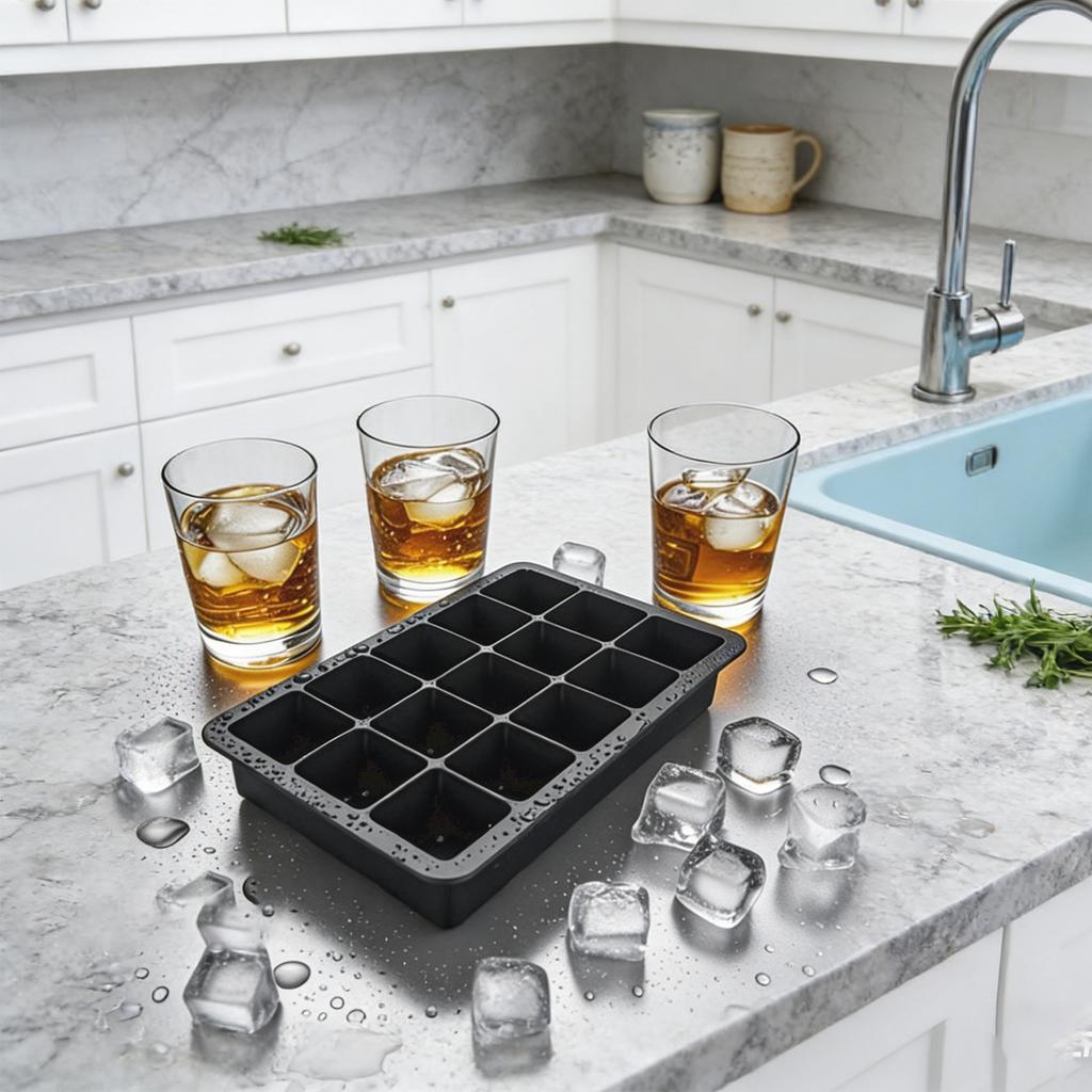 Square Ice Mold Tray With Lid, Silicone Ice Mold, Whiskey Square Ice Mold, Stackable With Lid, Easy To Release (Black).