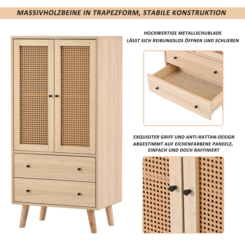 Flieks Chest of Drawers with 2 Large Drawers and 2 Doors, Bathroom Cabinet Made of Wood with Rattan Doors, 60 X 40 X 120 Cm