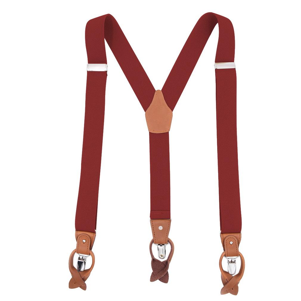 Men 2-in-1 Y-Back Suspenders Elastic 6 Clips Button End Genuine Leather Braces