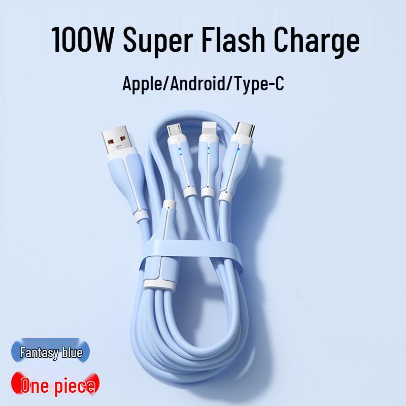 Andmai 100W Multi-Head Fast Charging Cable, Compatible with Apple, Three-in-One Design for Car Use.