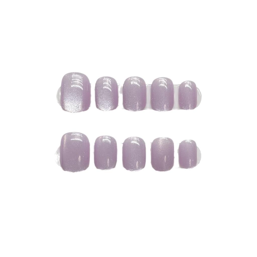 100% HANDMADE Round Shape Fake Nail Set With Glue Art Ice Cream Slightly Transparent Gray Purple Cat'S Eye Short Laser Rainbow Nails Reusable