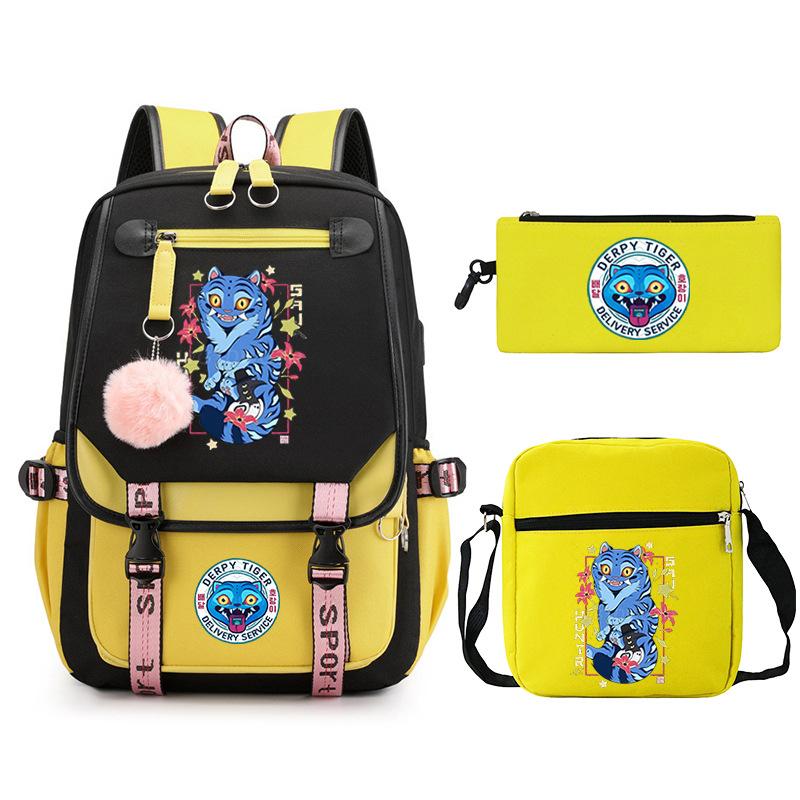 Animation Cartoon Peripheral Printing Trend Lightweight Shoulder Backpack, Primary And Secondary School Student Leisure Schoolbag Three-Piece Set