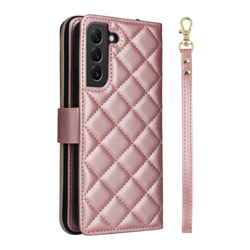 For Samsung Galaxy S22+ 5G Case Rhombus Zipper Pocket Leather Phone Cover with Straps