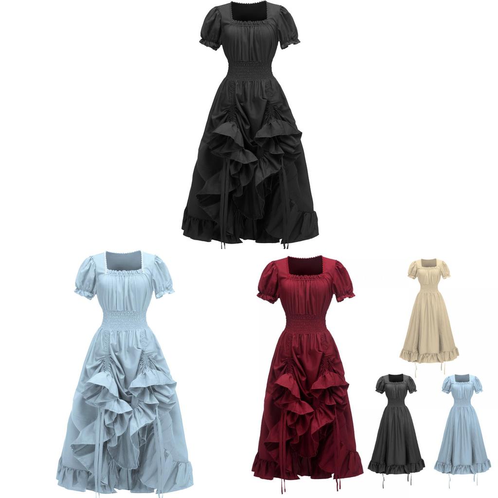 Vintage Renaissance Quadratischer Halsausschnitt Kurzarm Kleid Mittelalterlich Pastoral Cosplay Kleid