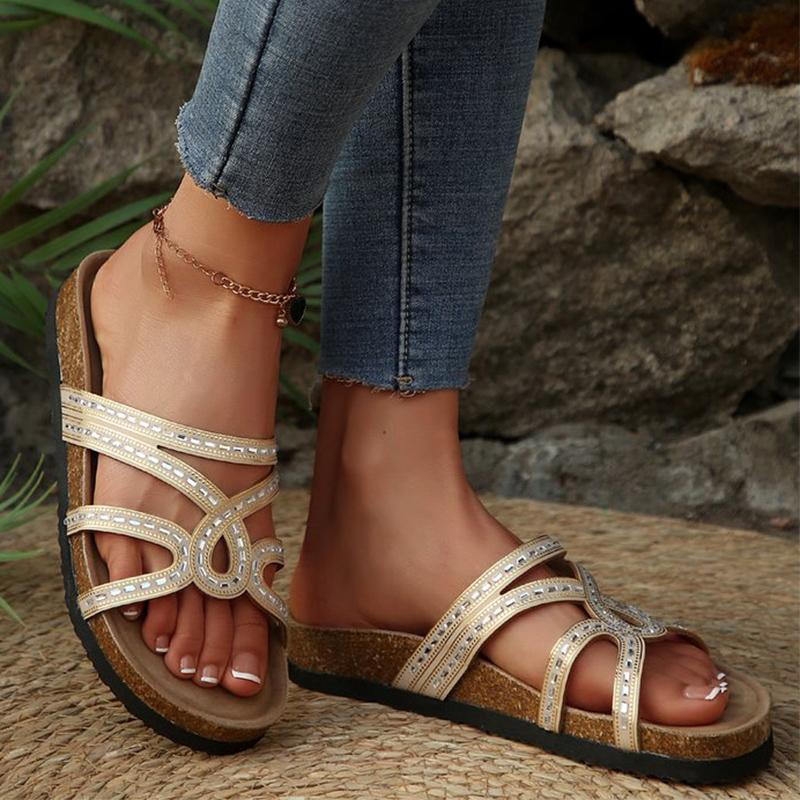 

Fashion Summer Crystal Flat Slippers for Women 2025 Comfortable Soft Bottom Slides Woman Pu Plus Size Women Slippers 43 абрикосовый