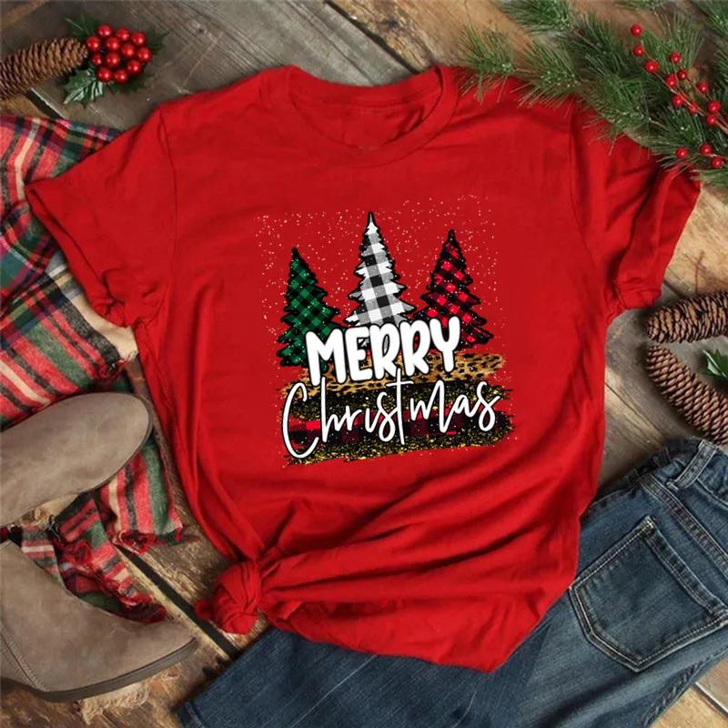 Women Tshirts Merry Christmas Tree Print Red Top Femal New Clothing Short Sleeve Fashion Harajuku Kawaii T-shirt Y2K Clothing
