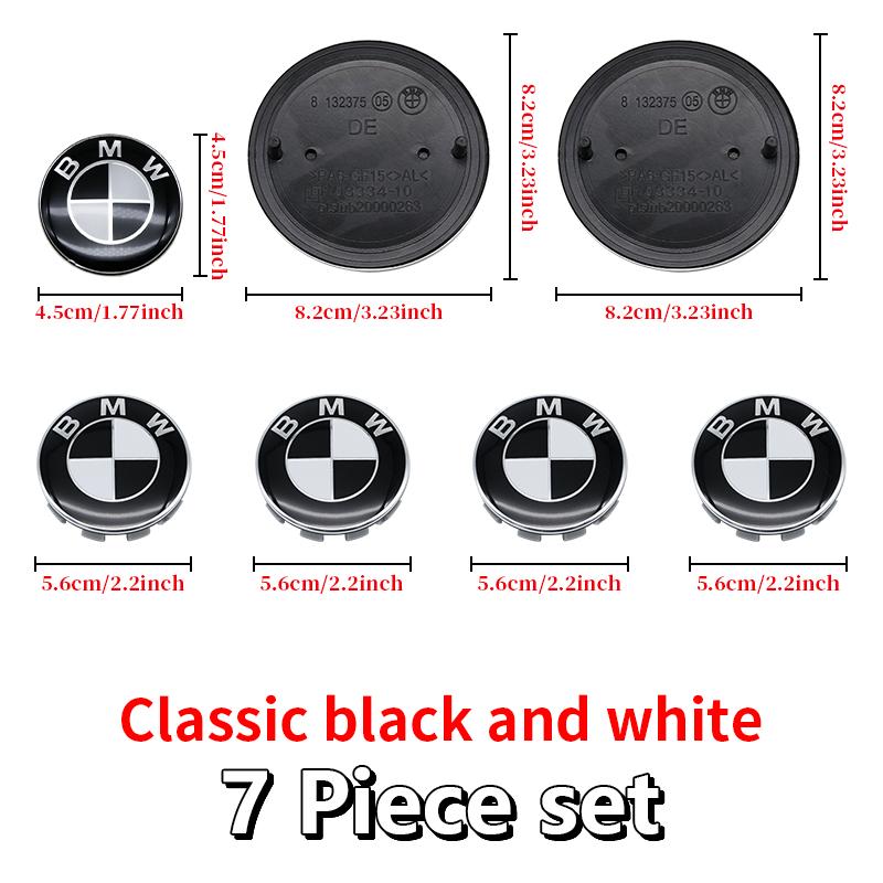 Universal Base Black White Badge Set for BMW 7Pcs 68mm 56mm 82mm 74mm Hood Trunk Wheel Steering Logo 7Pcs 2-Pin 3-Pin Clips Kit