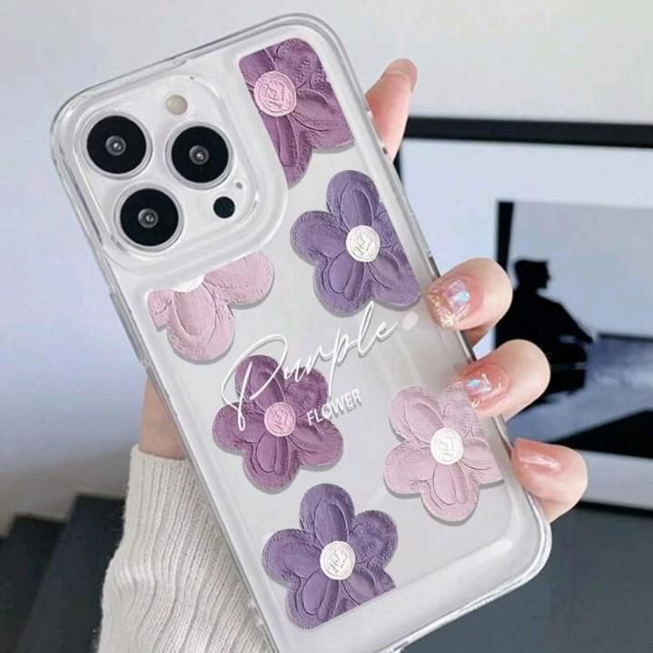Nordic Style Pink Purple Floral Oil Painting Phone Case for iPhone 17 Pro Max/16e/15 Pro/14 Soft Shell