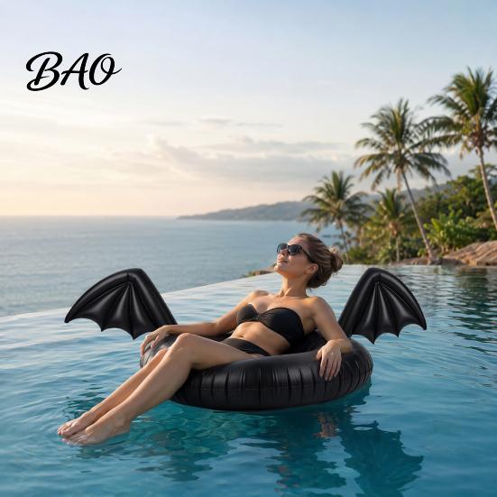 Summer Beach Float Ring Inflatable Pool Float, Creative Bat Wings Decor, Black Thickened PVC Swim for Party Halloween Calm Water Tube