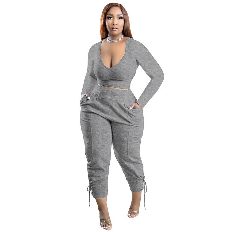 European & American Plus Size V-Neck Solid Color Casual Two-Piece Legging Suit for Women