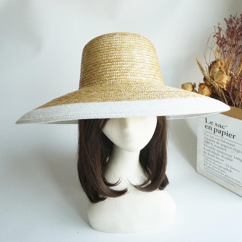 French Retro Straw Splicing White Big Brim Sunshade Sun Protection Beach Straw Hat Women'S Vacation Travel Top Hat Summer