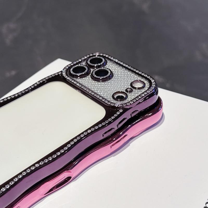 KEYSION Plating Transparent Wavy Rhinestone Phone Case for iPhone 13 14 15 16 17 Pro Max Air 16 Plus Lens Protector Shockproof Cover