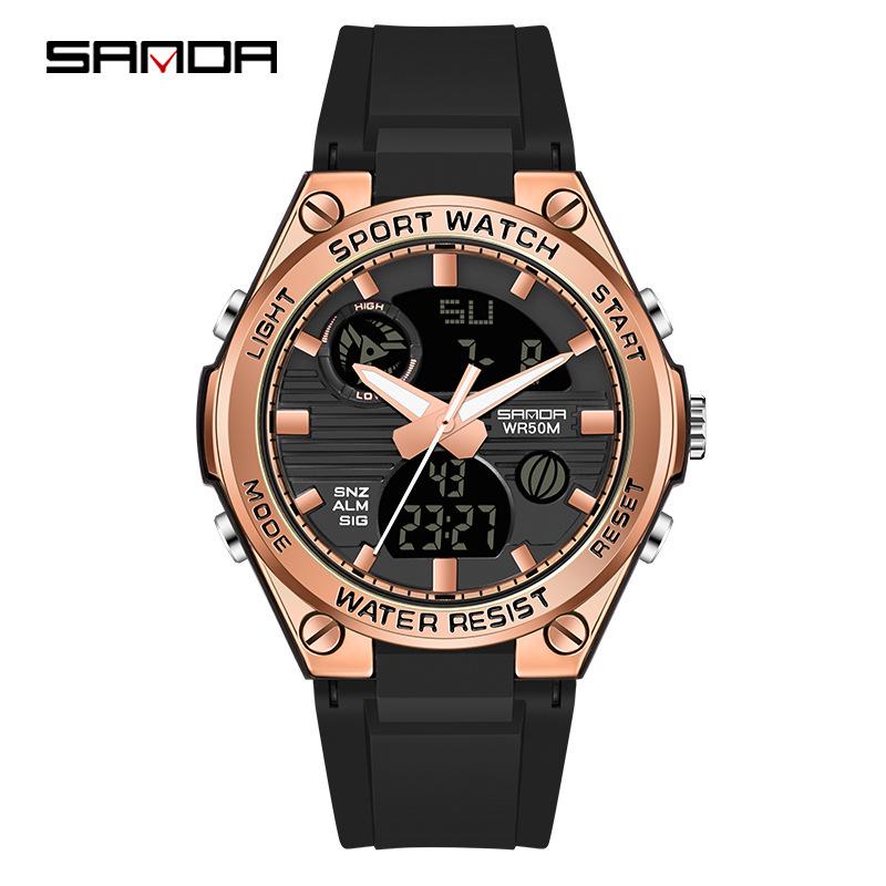 Sanda Trendy Waterproof Sports Watch - Minimalist Design with Dual Display for Students