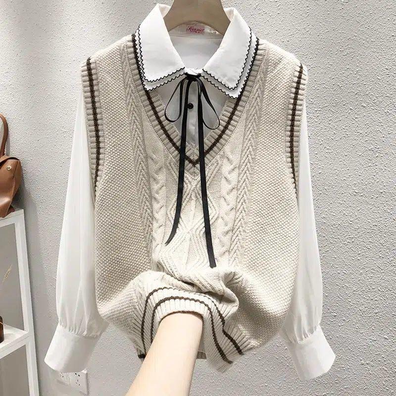 Literature and Art College Style Women's Knitted Vest Loose Autumn V-Neck Fried Dough Twists Sweater Bottom Shirt