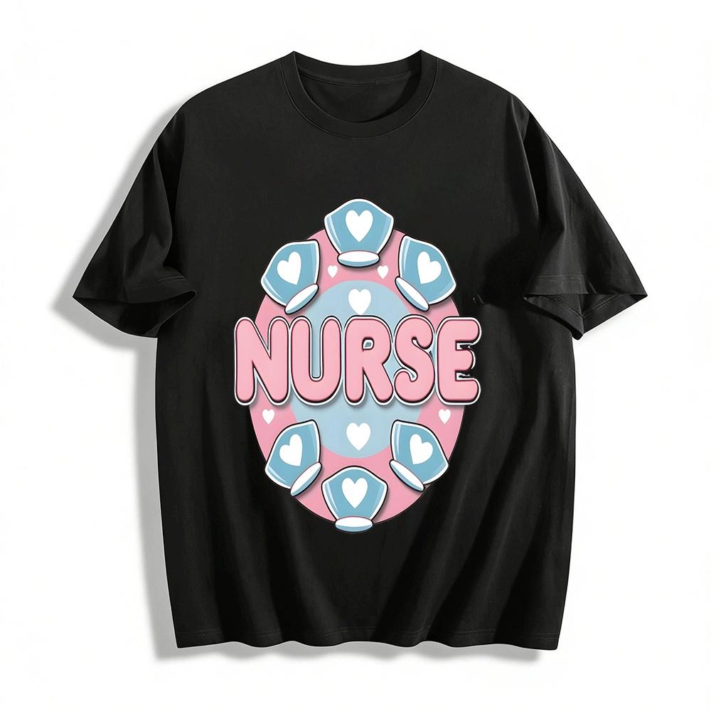 

Heart Nurse Hat Themed Printed Casual Top For Medical Workers Pure cotton T-shirt XXS