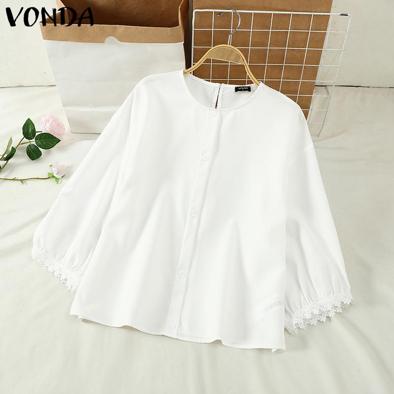 VONDA Damen Sommer Rundhals Spitze Kurzarm Einfarbig Blusen