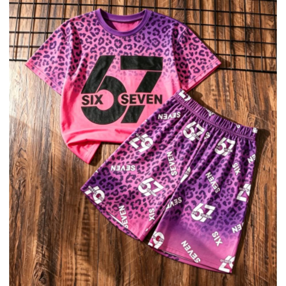 Fashion Kids Set Leopard 67 Number Printed Kids T-shirt and Shorts 2 Piece Set Summer Casual Outdoor Street Boy's and Girl's T-shirt Sets