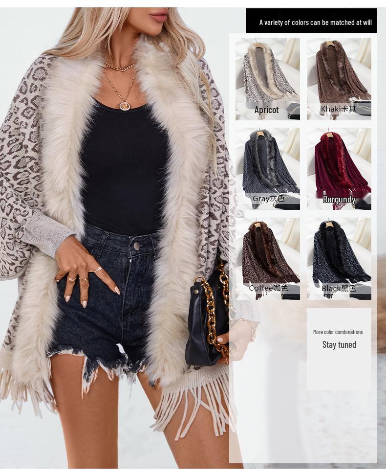 Leopard Print Fur Collar Knitted Cardigan: Autumn/Winter Batwing Sleeve Cape