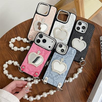 Per Apple 17 Promax Custodia per Cellulare Specchio con Corona di Perle per IPhone 16 Catena di Perle 15 Creatività di Nicchia