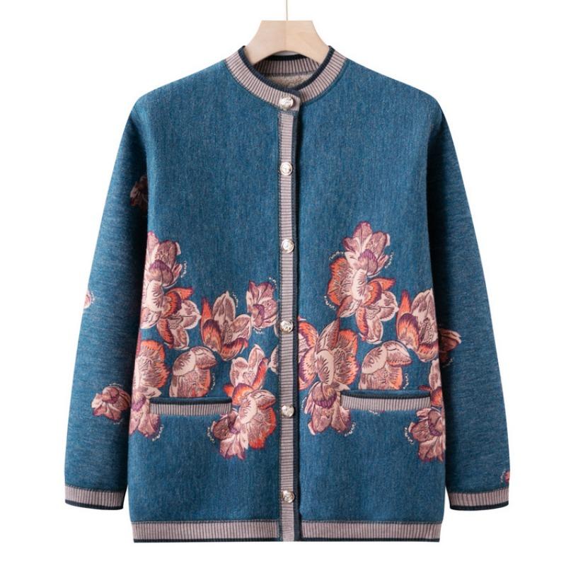 Middle-aged and Elderly People Fleece Warm Knitted Sweater Female Grandma Autumn and Winter Sweater Cardigan Mother Thickened Coat New