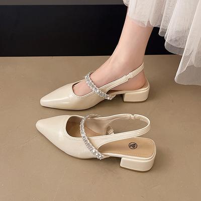 One Word with Rhinestone Sandals Women's Summer New Bag Head Half Drag Thick Heel Shoes Pointed Single Shoes Women's Outer Wear