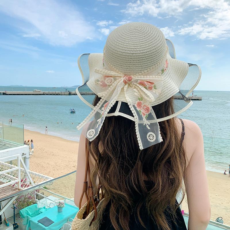 2024 Spring/Summer New Sun Hat with Ribbon Knot Decoration for Adult Straw Hat Sunscreen Beach Hat Elegant