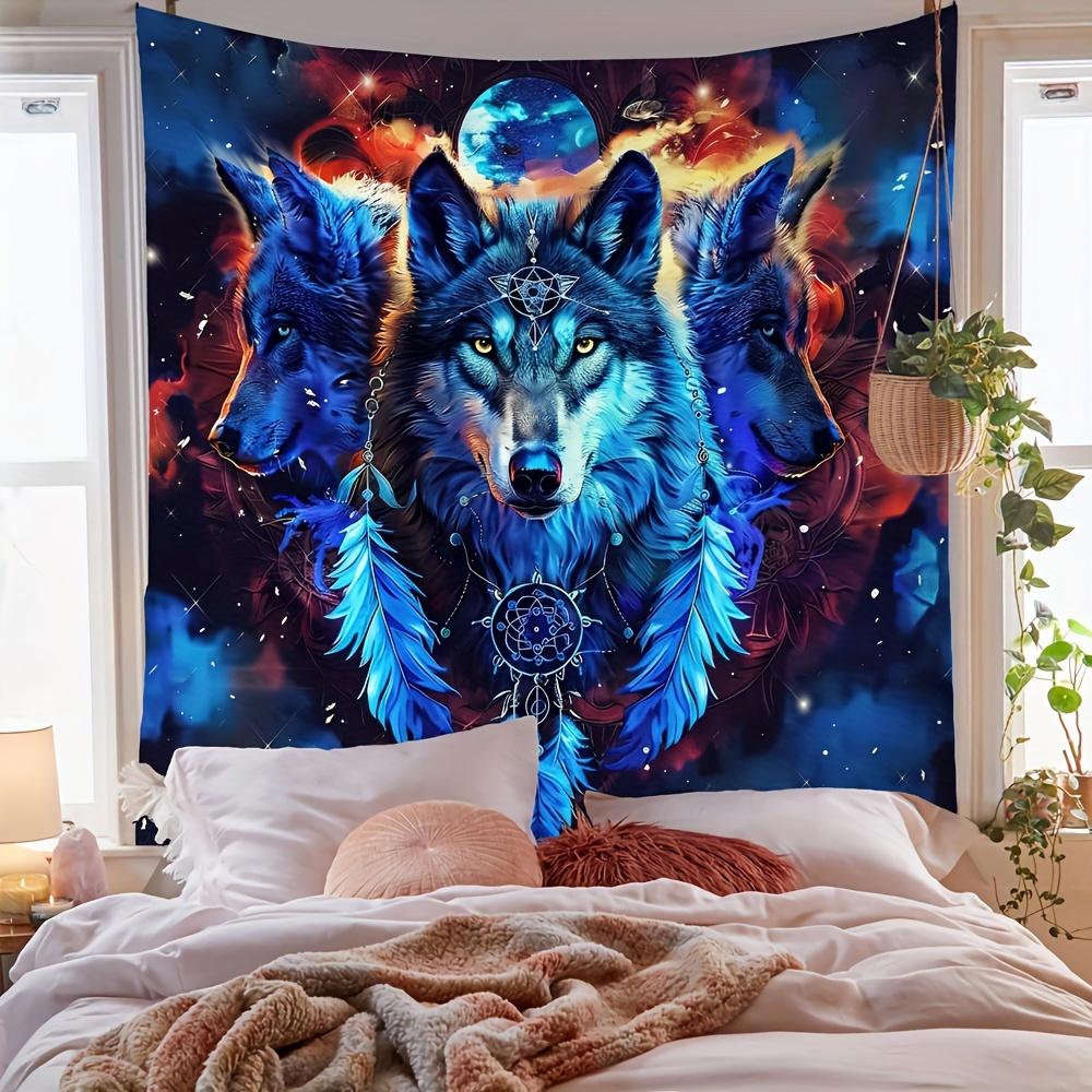 VIKAMA Fantasy Wolf Totem Tapestry Three Wolves Planet Feather Decor Nordic Bohemian Style Living Room Decor Room Accent