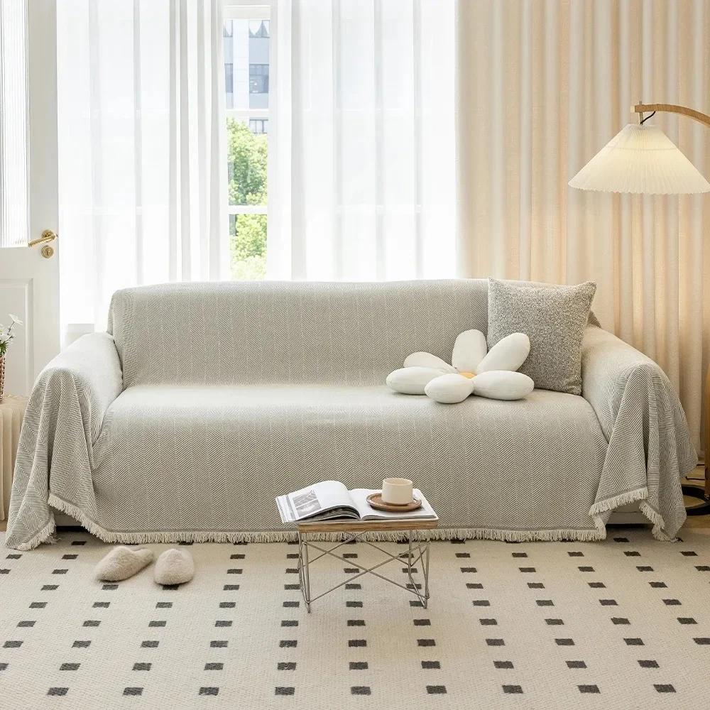 Woven Cotton Sofa Cover Blanket Solid Color Non-slip Sofa Towel for Living Room Furniture Decor Tapestry Couch Cover with Tassel