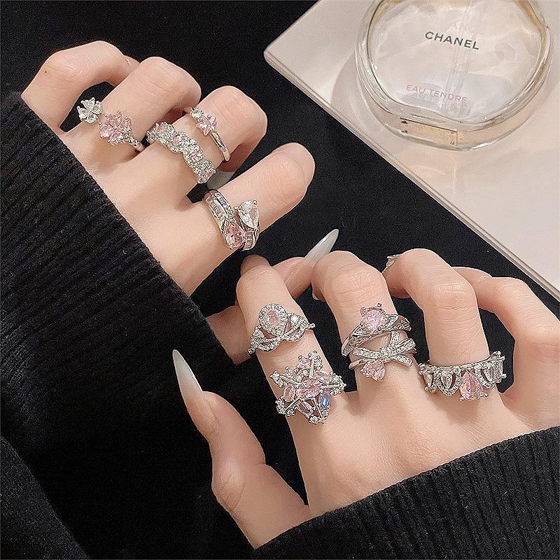 Rosa Zirkon Serie Süßer Super Flash Fee Gas Voll Diamant Öffnungsring Nische Design Schleife Mode Zeigefingerring