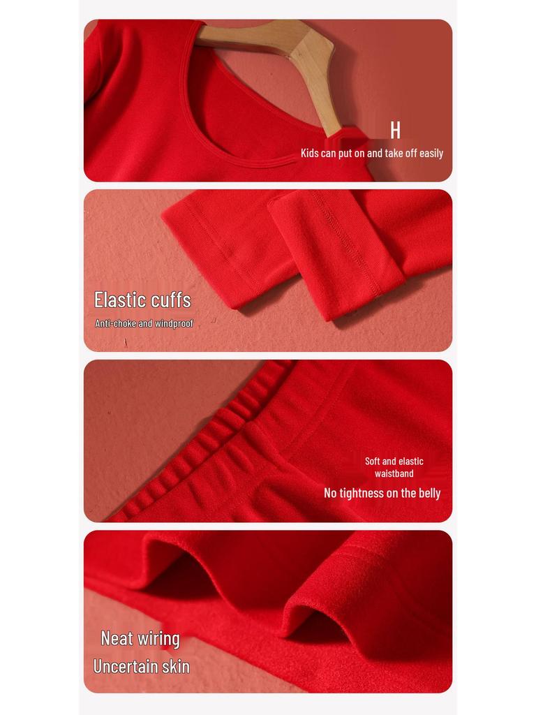 Children's Zodiac Year Red Cotton Wool Underwear Set - Warm Base Layer Shirt and Pants for Boys and Girls In Autumn