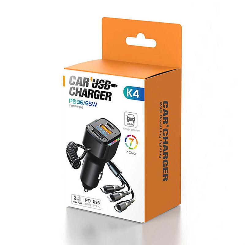 3 In 1 Spring Fast Charging Cable K4 Car Charger, with Bluetooth Pd Dual Usb Car Charger Multi-function Car Charging Head