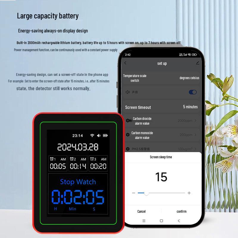 15-in-1 CO2 Monitor with PM2.5, PM1.0, Formaldehyde Detection, Temperature, Humidity, and Air Quality Sensor