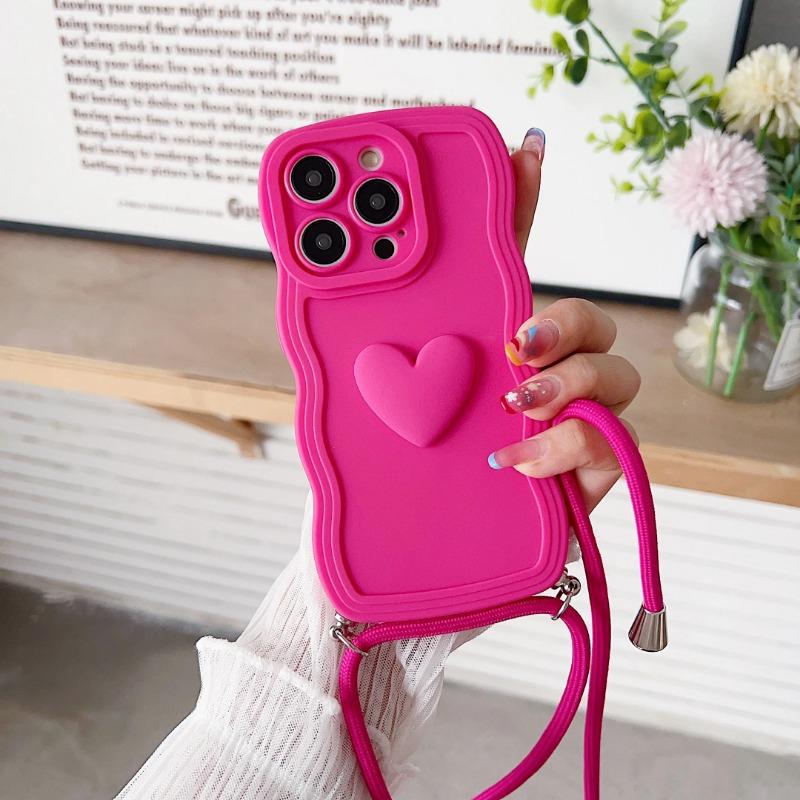 

Длинный силиконовый чехол с 3D сердечком на шнурке для iPhone 12, 13, 11, 14, 15 Pro Max Plus X XR XS Max 7P 8Plus SE2020, фигурный волнистый чехол For iPhone 13 ярко-розовый