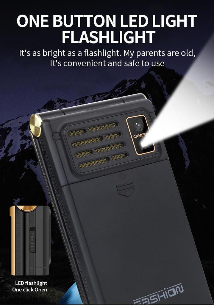 Multi-language Flip Cover Dual Screen Senior Phone (2G/4G) - English, French, Russian, Arabic, Vietnamese, Thai.