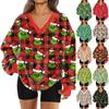 Women's Fashionable V-neck Christmas Printed Long Sleeved Casual Pullover Plush Warm Pocket Sweatshirt Top