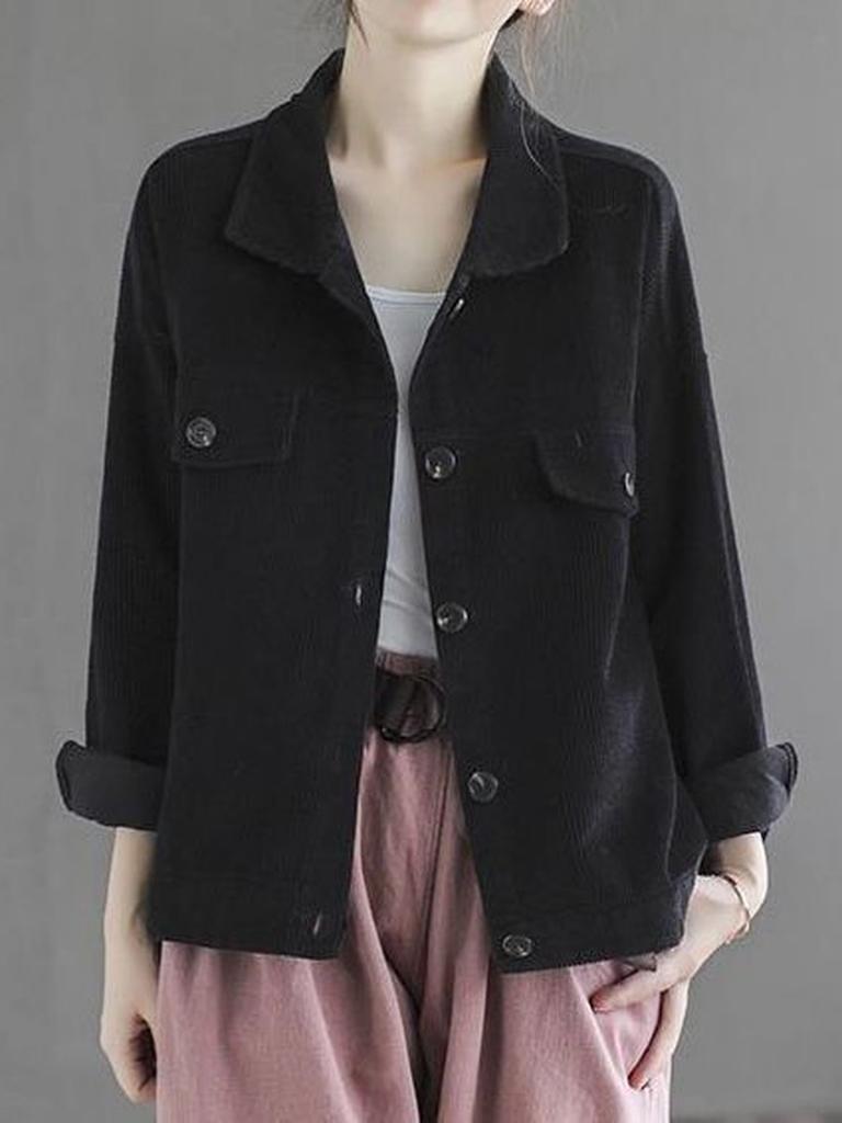 Samt Kord Kürzere Jacke Damen Frühling Herbst Einfarbige Stehkragen Locker Kleine Größe Lässiges Oberteil Retro