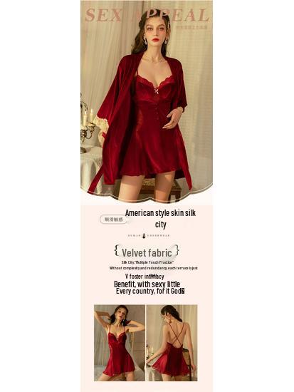 Gold Velvet Spaghetti Strap Nightgown with Chest Pads and Lace Trim - Autumn/Winter Collection