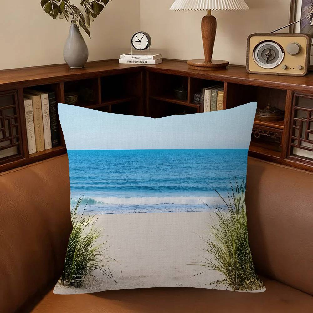 Serene Seaside Scenes Pillow Covers Cartoon Sofa Decorative Home Double-sided Printing Short Plush Cute Cushion Cover
