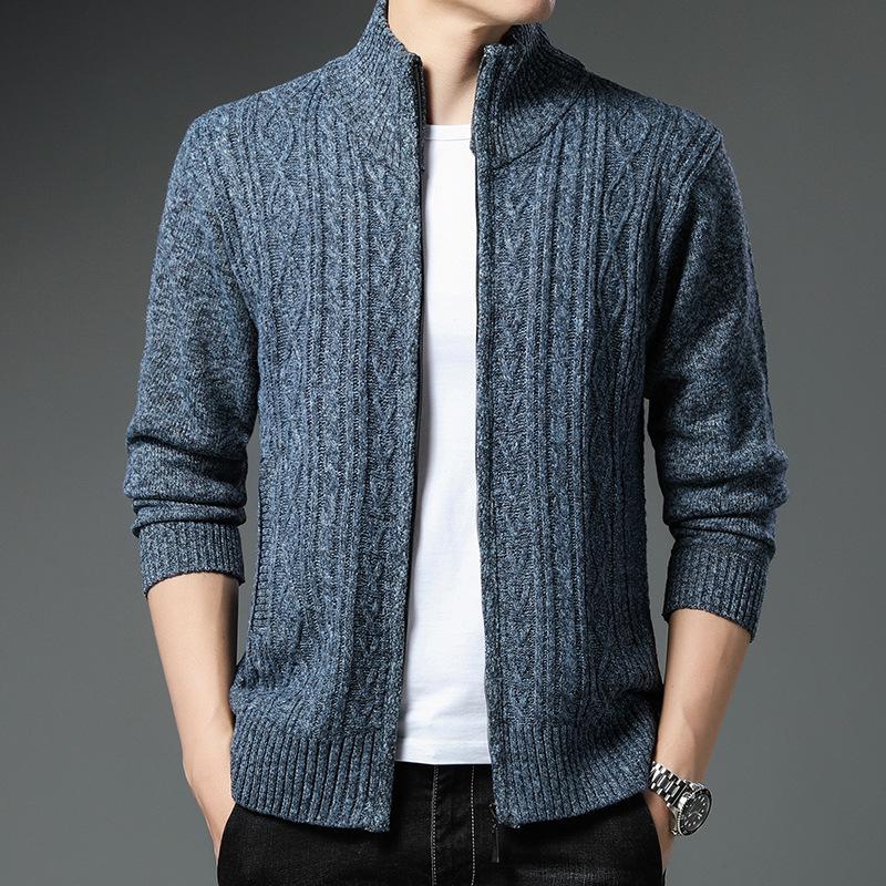 Men's Winter Fashion Cardigan Plus Velvet Sweater Jacket Men's Stand Collar Casual Solid Color Knitted Wholesale