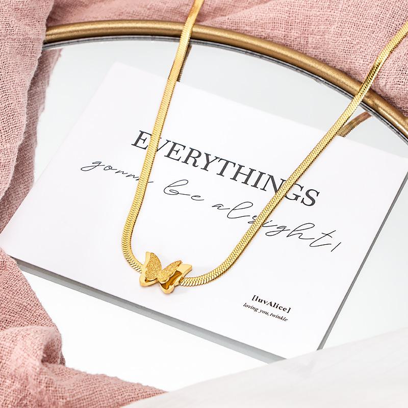 Stainless Steel Fashion Flat Snake Bkade Chain Butterfly Tassel Pendant Necklace For Women Jewelry Accessories