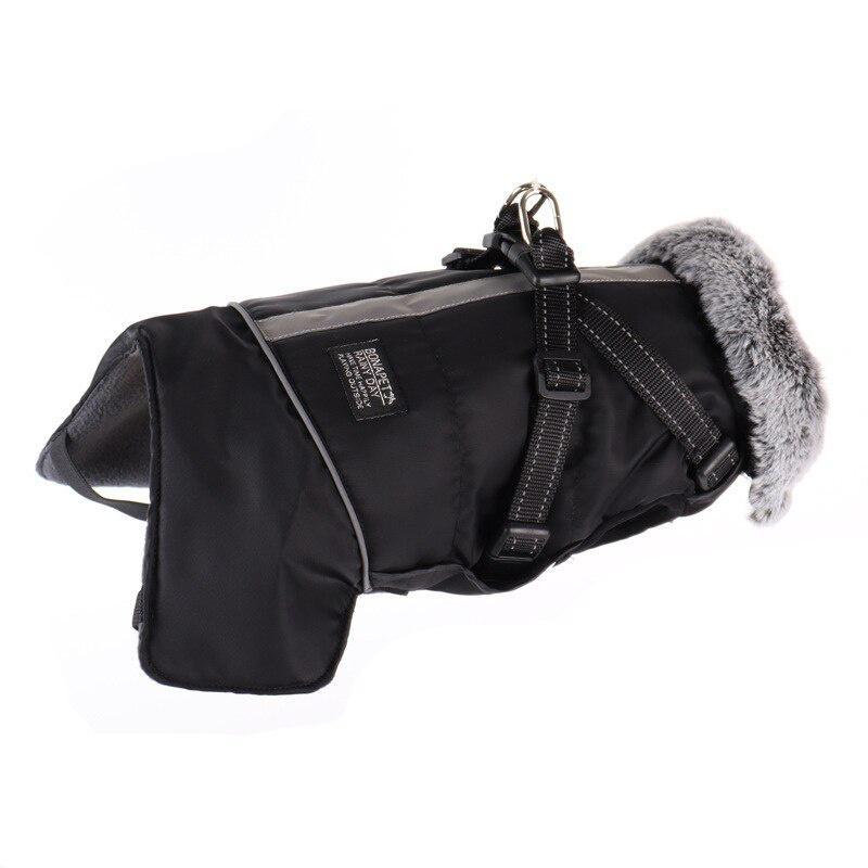 

Одежда для больших собак со шлейкой, зимний теплый меховой воротник, водонепроницаемая светоотражающая куртка для собак, пальто для маленьких и больших собак, французский бульдог S чёрный