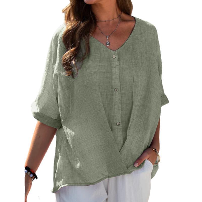 Cotton Linen V Collar Short Sleeve Loose Fit Women's Shirt Casual Top