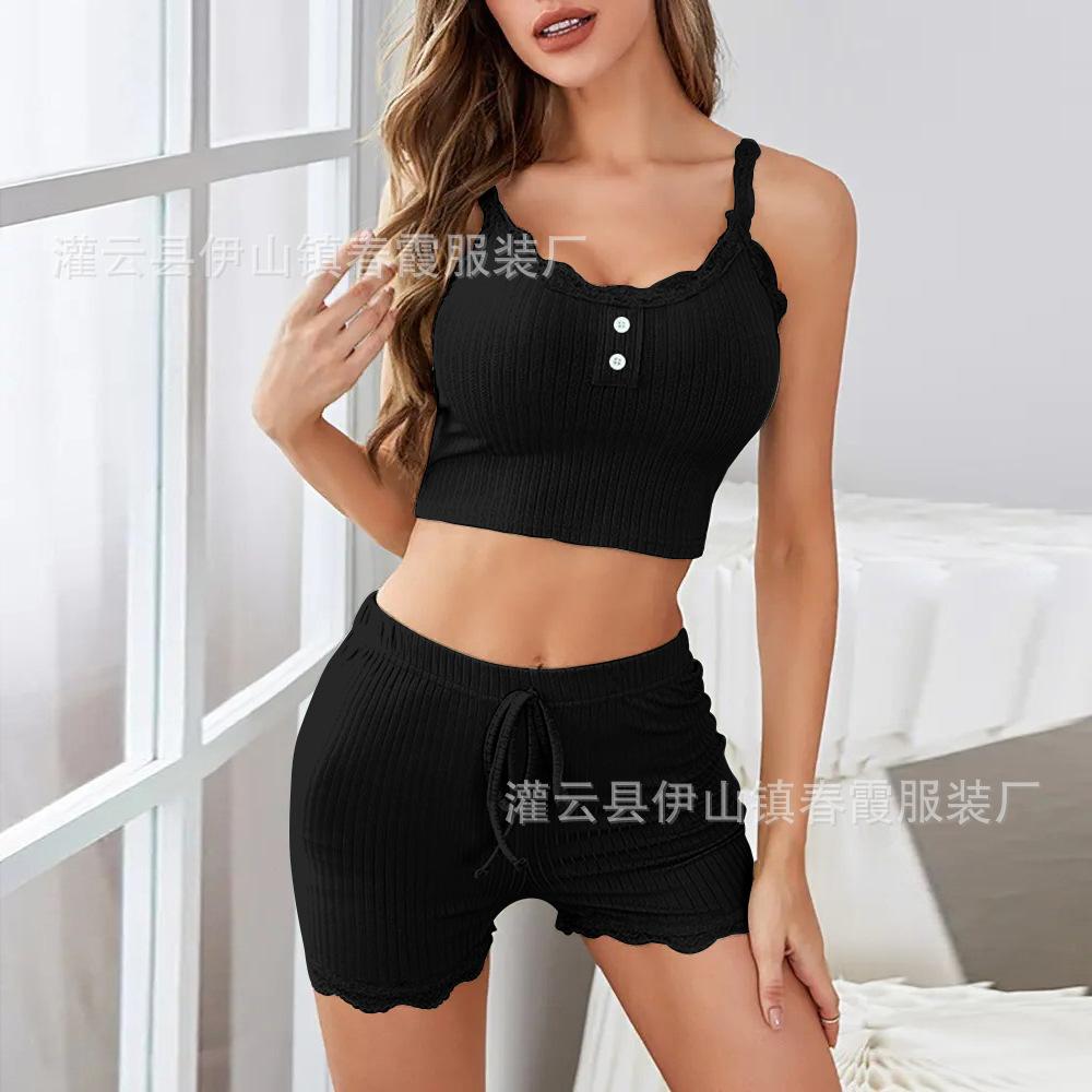 European and American lace pit strip vest, trousers, pajamas, loungewear, slim fit suit, autumn and winter women S