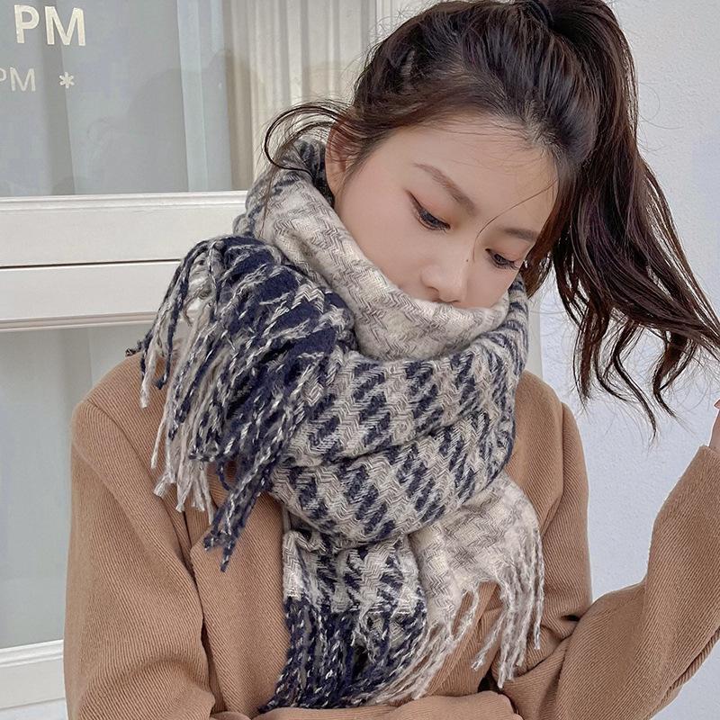Women's Houndstooth Winter Scarf 2025 - Double-Sided Plaid Tassel Shawl, Thick, Warm, Fashionable Neck Warmer