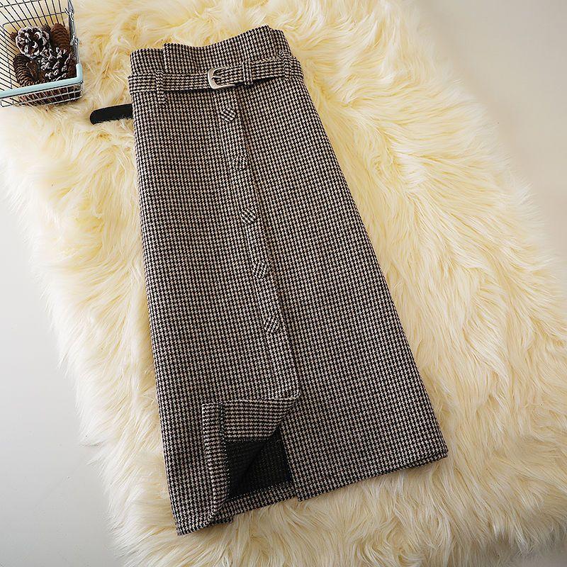 Women's Fall/Winter Mid-Length Korean-Style Wool Fitted Skirt—Versatile High-Waisted Design with Slit