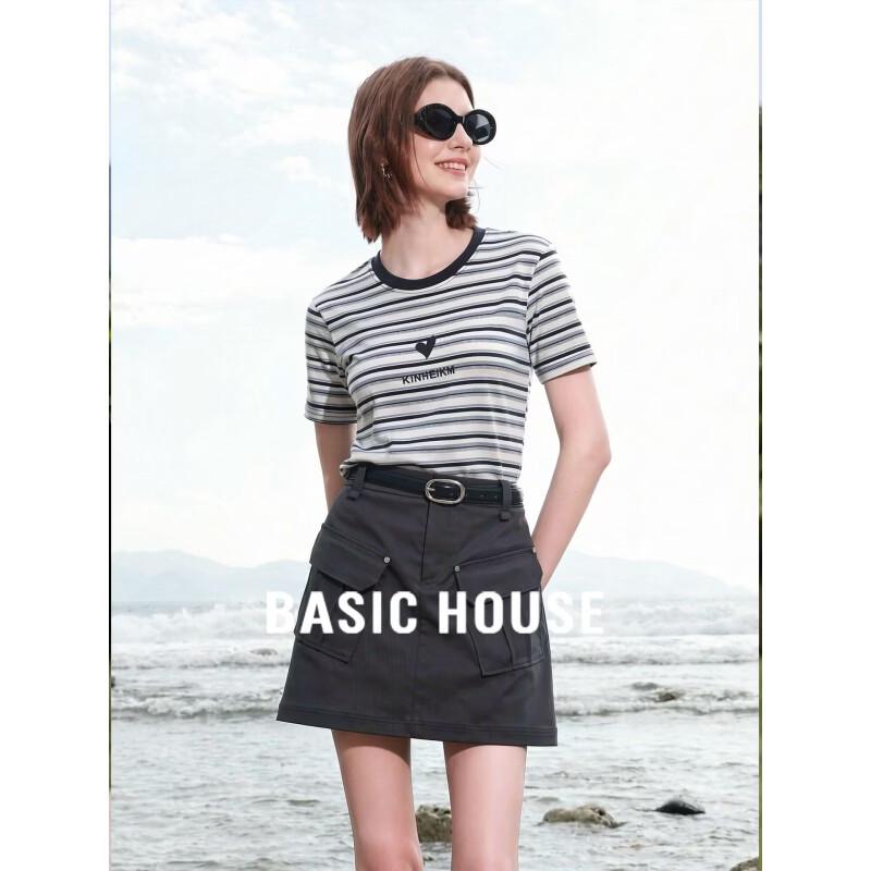 Basic House Women s Stylish Striped Short Sleeve T-Shirt XL
