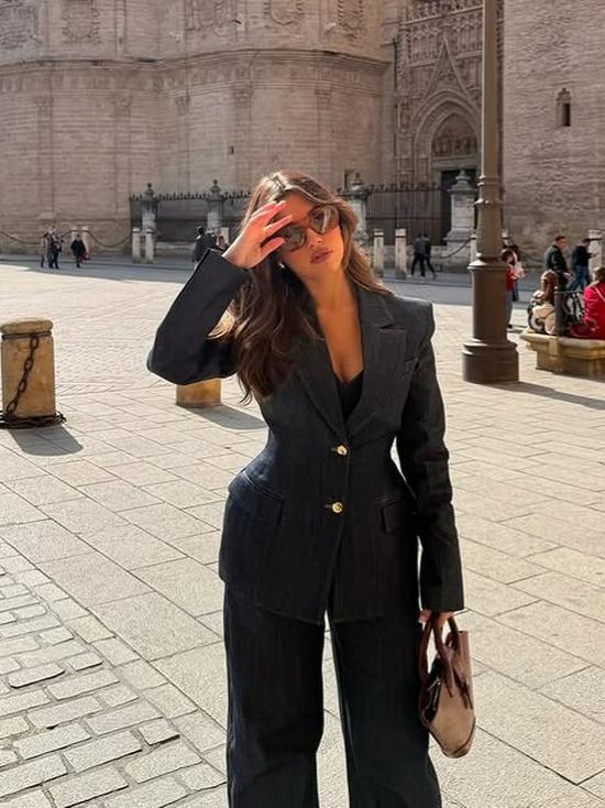 2025 Chic European & American Cross-Border Denim Suit: Elegant Lapel Waist-Cinching Slimming Three-Piece Set