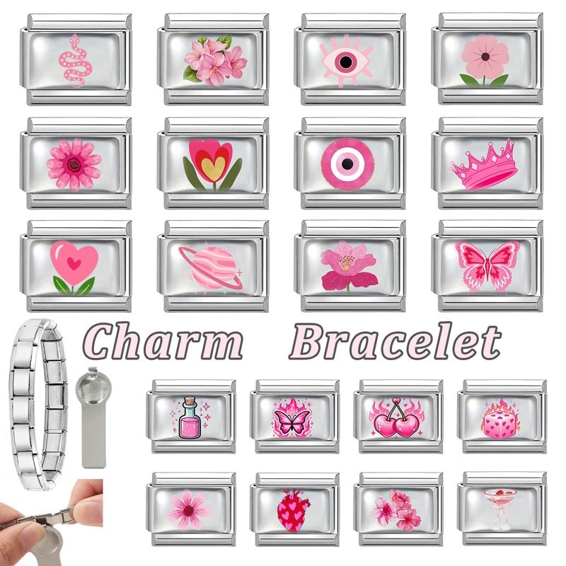 New Design Pink Planet Flower Cherry Eyes Butterfly Italian Charm Links Fit 9MM Stainless Steel Bracelet Jewelry DIY Making