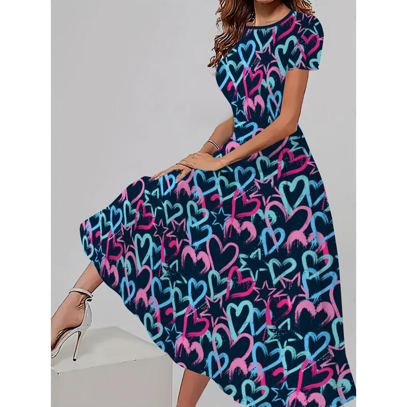 Womens Loose Fit Cotton Print Short Sleeve Round Neck Midi Dress Casual Wear